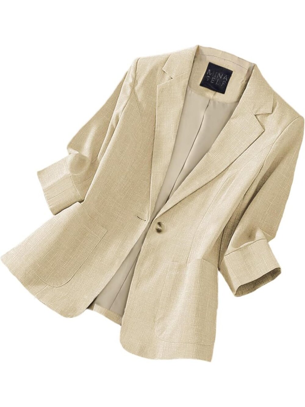 Women's Beige Cowl Neck 3/4 Sleeve Button Pockets Breathable Molded Linen Blazer